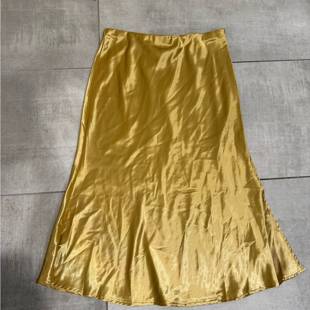 Satin High Slit Midi Skirt in Gold